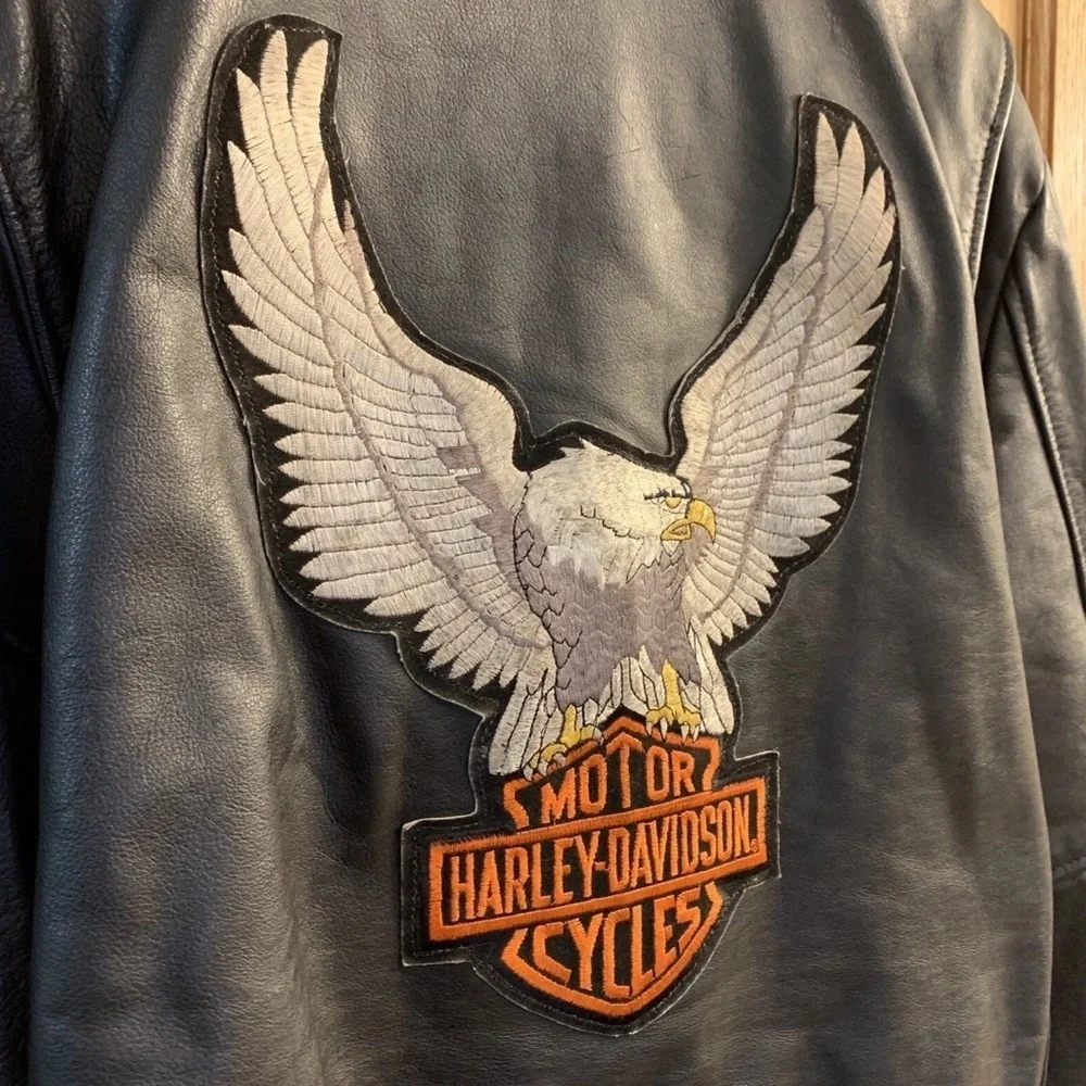 Vtg Open Road Black Leather Jacket Harley Davidson Wings Patch Men’s Sz 46 XL